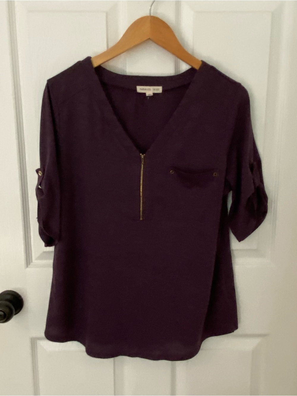 Parallel Skies Purple Half Zip Roll Tab Sleeve Blouse Top Large